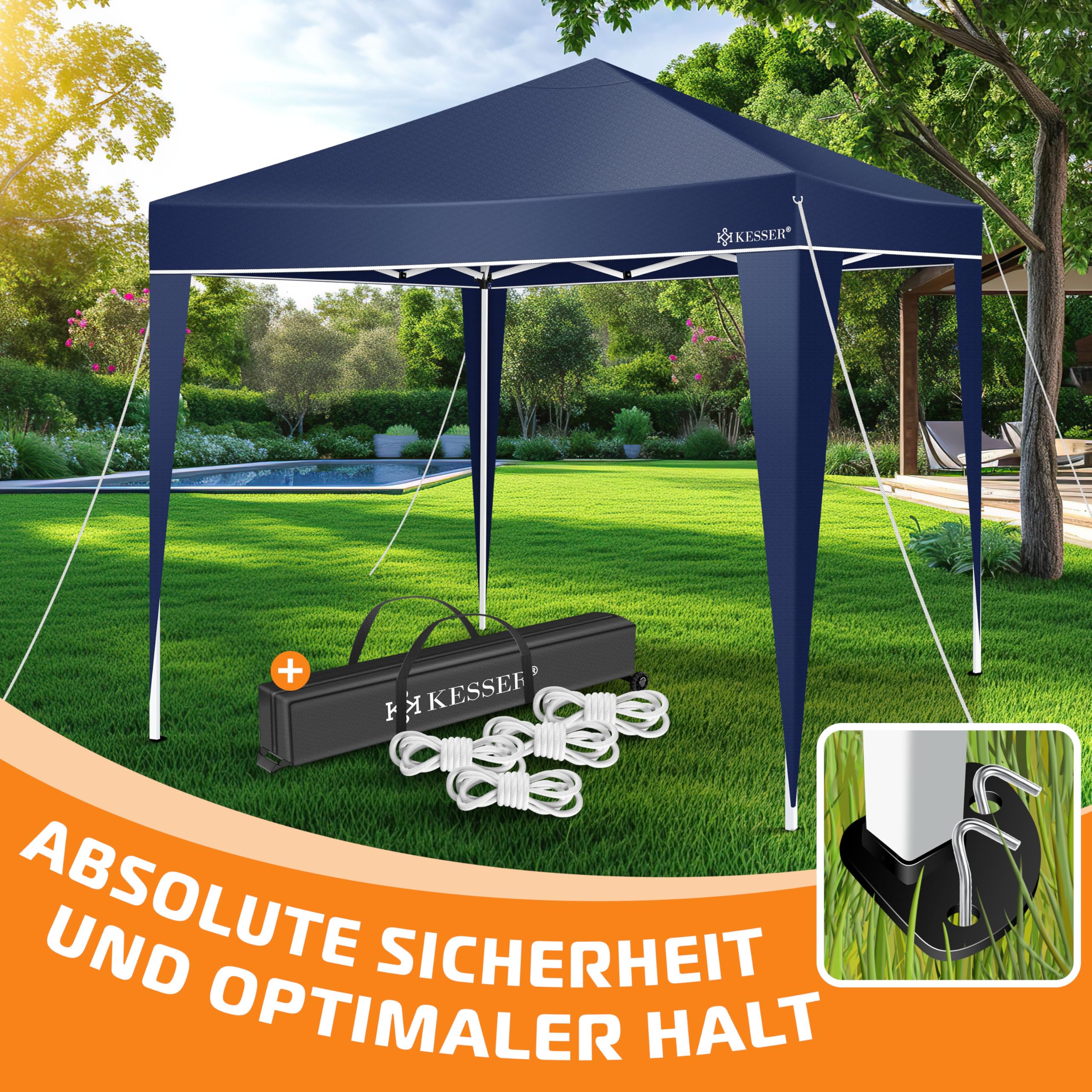 KESSER® Gazebo Pieghevole 3x3m | Pop-Up Regolabile in Altezza Stabile Impermeabile Resistente all’Inverno | Protezione UV 50+ Inclusa Borsa con Ruote & Ancoraggio al Suolo - Blu