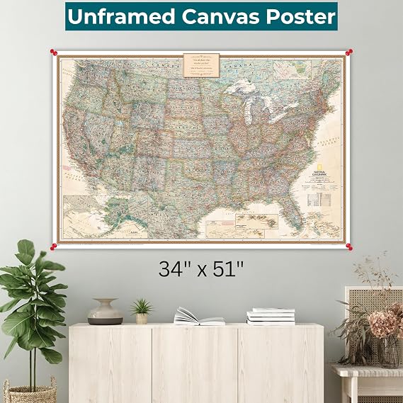 Executive USA Map Poster with Pins National Geographic Antique Style Travel Tracker Extra Large 34 x 51