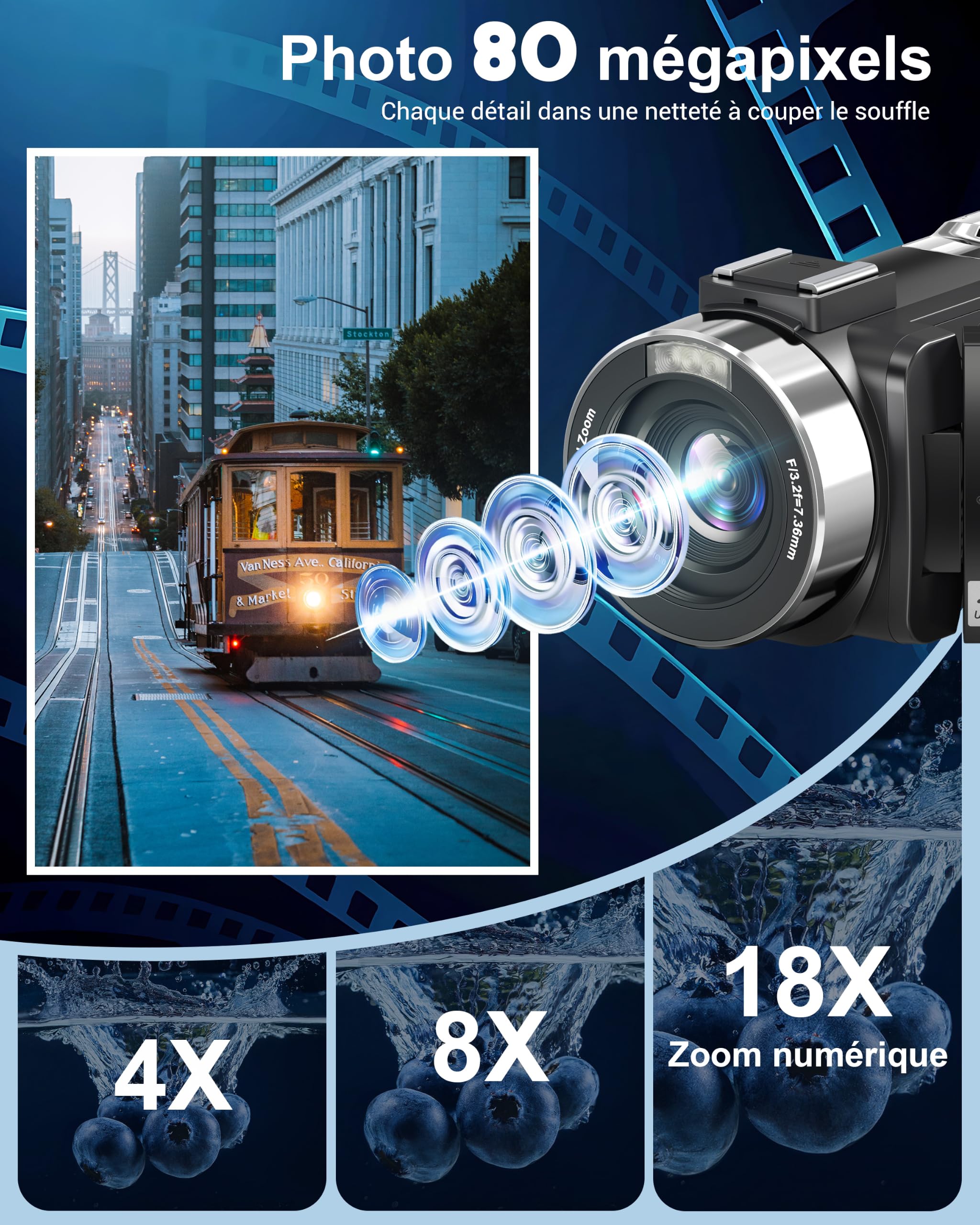 Caméscope 4K Caméra Vidéo 80MP Vision Nocturne Zoom 18X Vlogging Camera