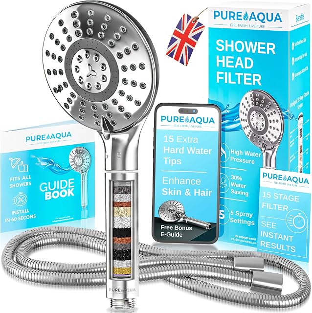 PUREAQUA Hard Water Filter Shower Head | Shower Head Filter | 15 Stage Shower Filter | High Pressure Shower Heads | 5 Spray Settings Shower Head and Hose