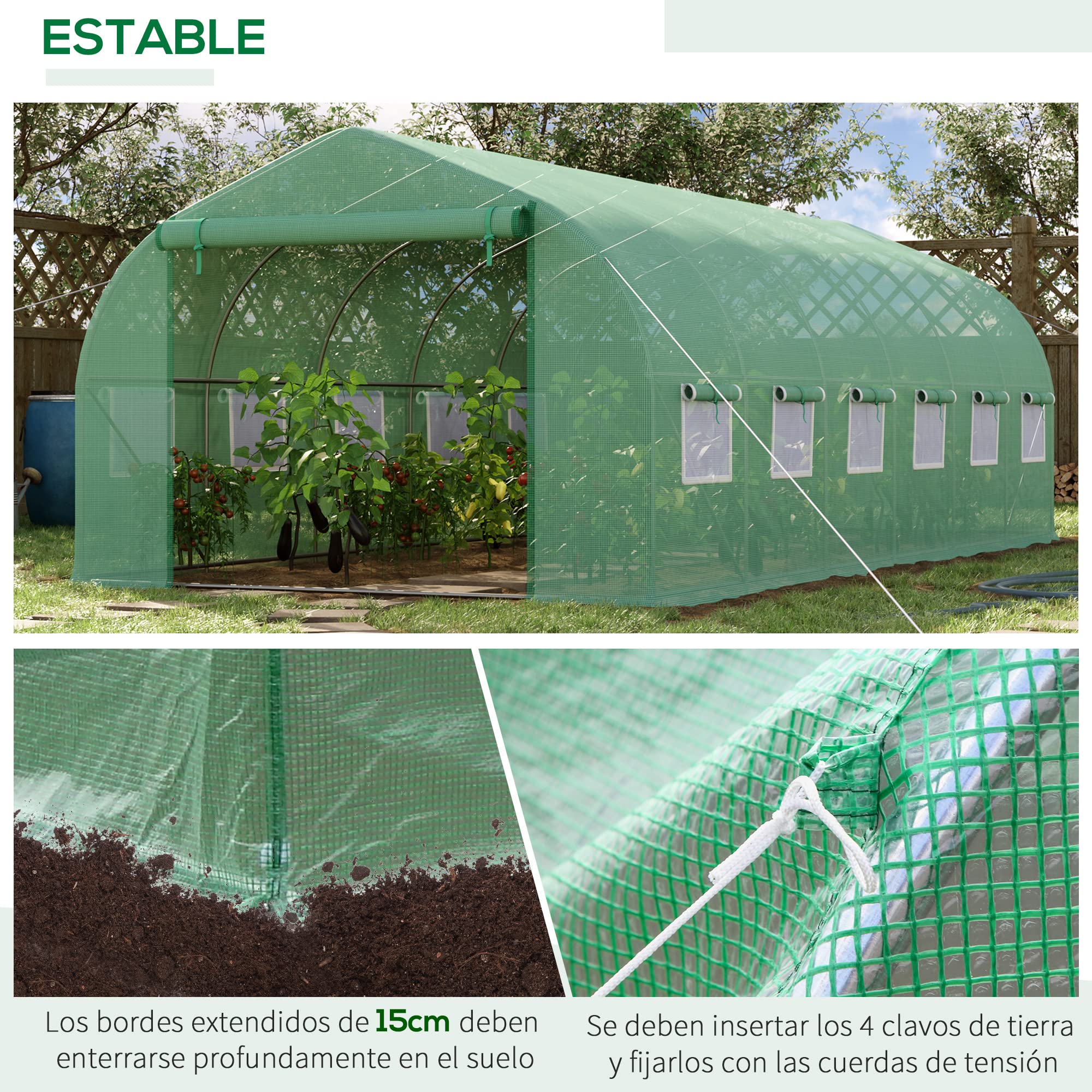 Outsunny Invernadero de Exterior Invernadero de Túnel 6x3x2 m Invernadero de Jardín Grande con 12 Ventanas y Puerta Enrollable con Cremallera Macro de Metal para Cultivo Plantas Verde
