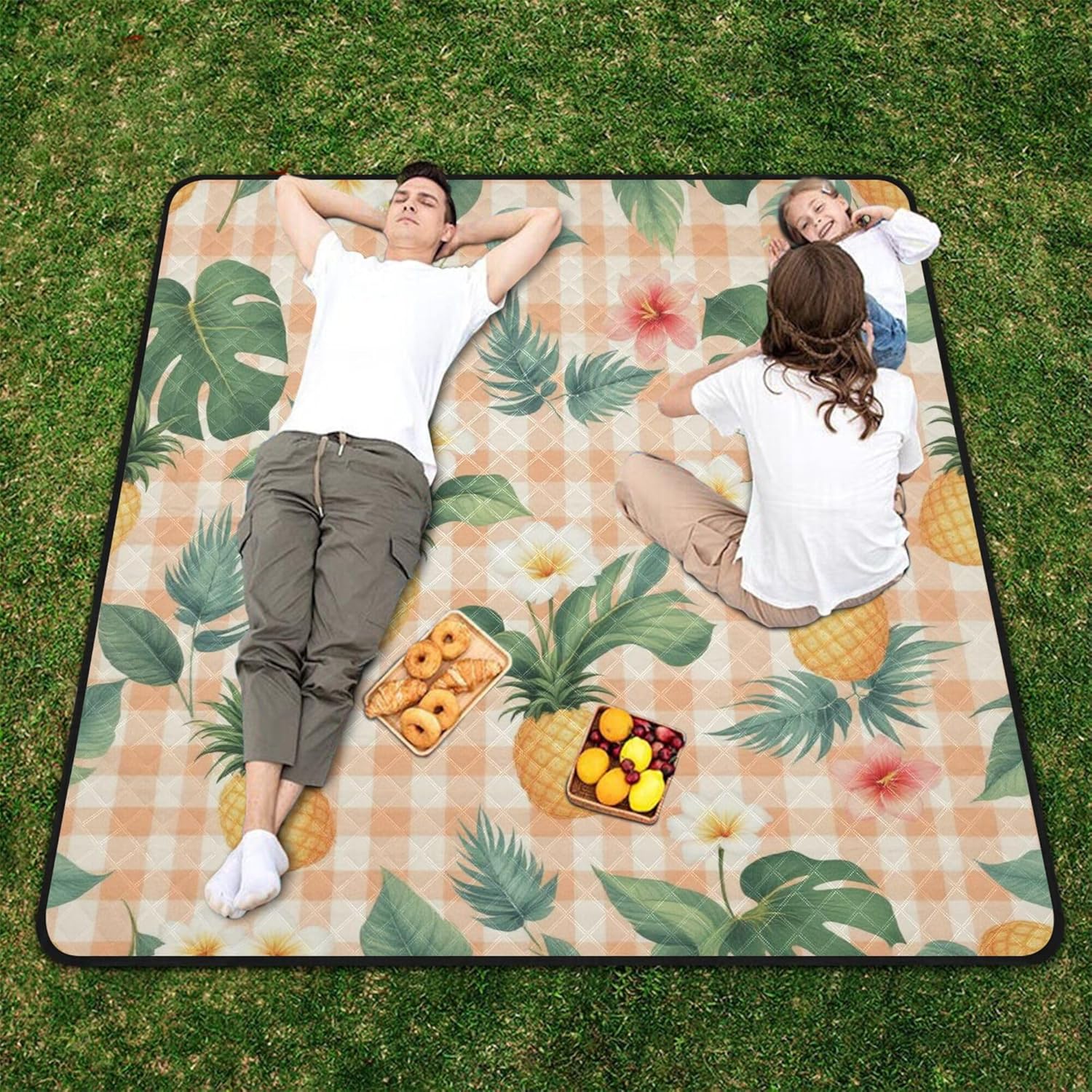 Orange Tropical Gingham Seamless Wallpaper Waterproof Picnic Table Water Resistant Picnic Picnic Accessories Outdoor for Grass Concert Blanket cojines para Picnic