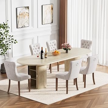 Henf 94" Extendable Dining Table Set for 6, Modern 7-Piece Oval Wood Kitchen Expanding Table with 6 Velvet Upholstered Chairs, Large Long Dining Room Table and Chairs, Space Saving Faux Travertine