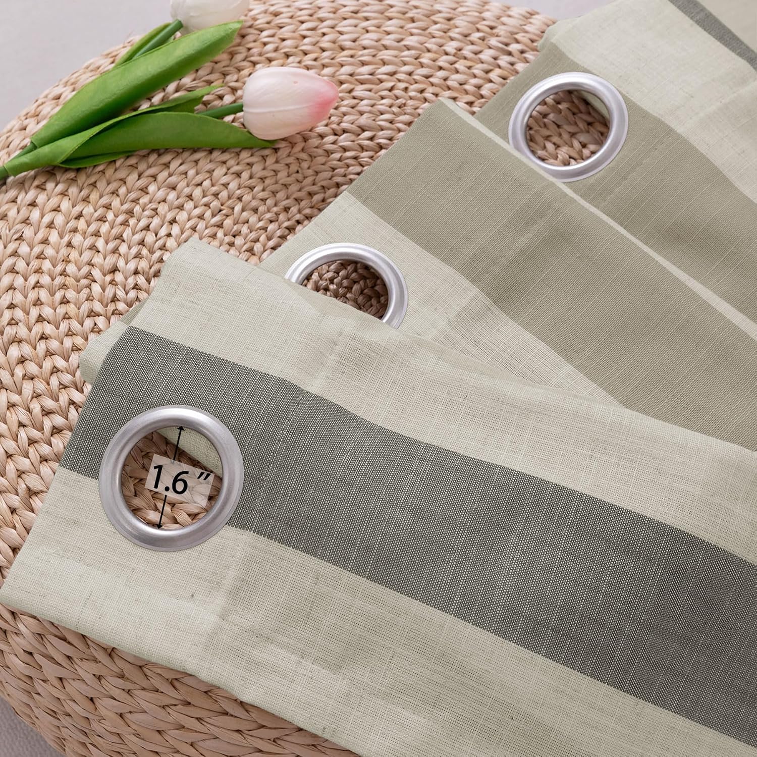 Macochico 52”Wx84”L Natural Linen Sheer Curtains with Grey-Ivory-Beige Stripe, Privacy Window Treatments for Kids Room Living-Room Bedroom Farmhouse, Boho Drapery with Grommet and Tieback, 1 Panel