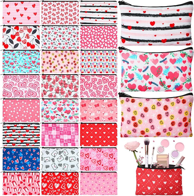Meanplan 24 necessaires de maquiagem de lona com zíper, estampa de coração, rosa, 24 estilos