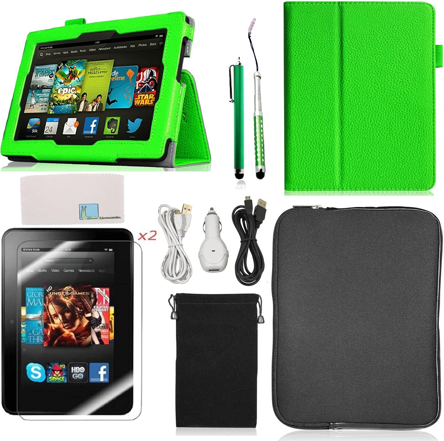 Llamamia Folio Stand PU Leather Case Cover Bundle for Kindle Fire HD 7 Inch (2013 Version) with Car Charger, Two 6F Cables, Velvet Bag, Zipper Sleeve Bag, 2 Screen Protectors, 2 Stylus(Not Compatible with HD 7 2012 Release or HDX 7)(Green)