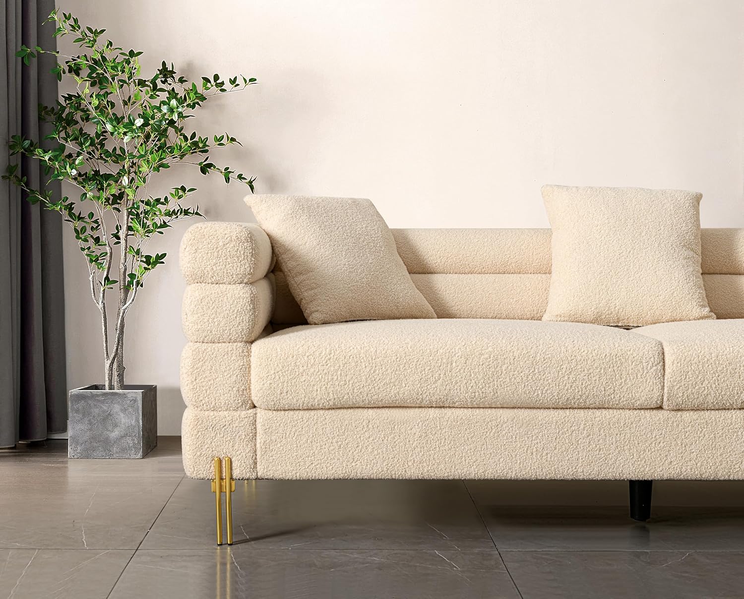 espidoo Modern Upholstered Sofa with Golden Legs: Beige Fabric 3-Seater Couch with Pillows - Sturdy & Comfortable for Living Room & Reception Area - Contemporary Home Decor for Couples & Friends