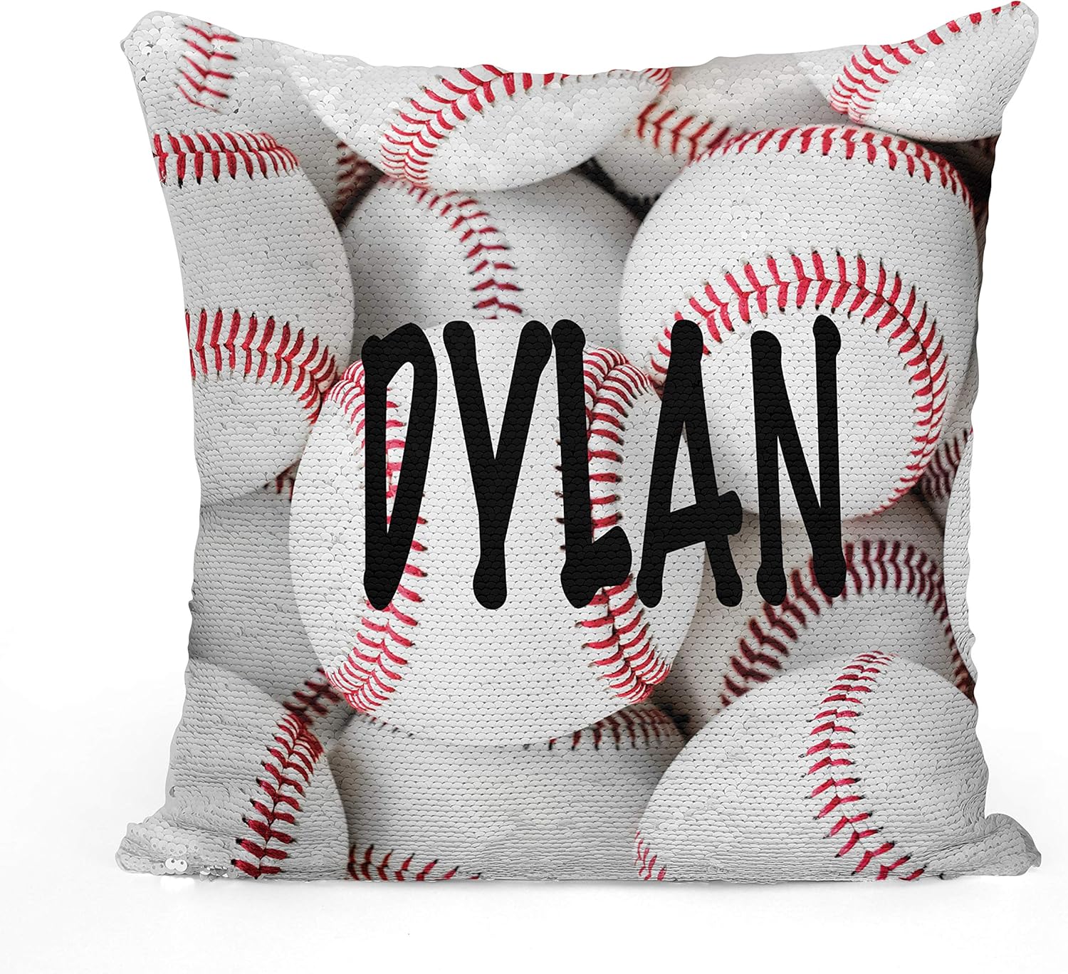 Violet Victoria & Fan Star Personalized Baseball Sequin Mermaid Flip Pillow with Your Name and Number Silver Sequins 16x16 Inches