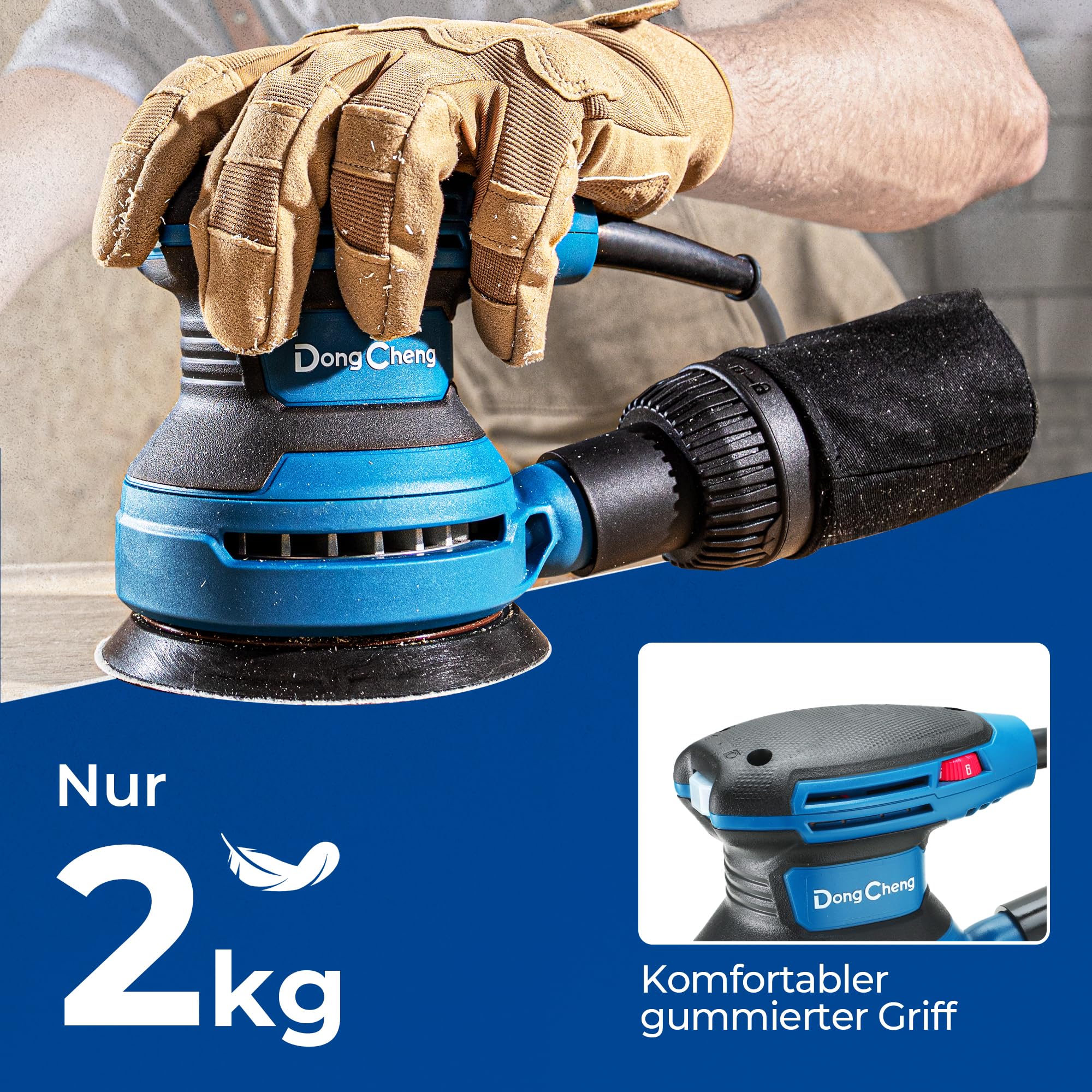 DongCheng Exzenterschleifer 380W, 125mm Schleifmaschine, 6-stufig 8.000-12.800 U/min, vibrationsarm, mit Staubfangbehälter & Staubsaugeranschluss, inkl. 20 Schleifblättern (versch. Körnungen) für Holz