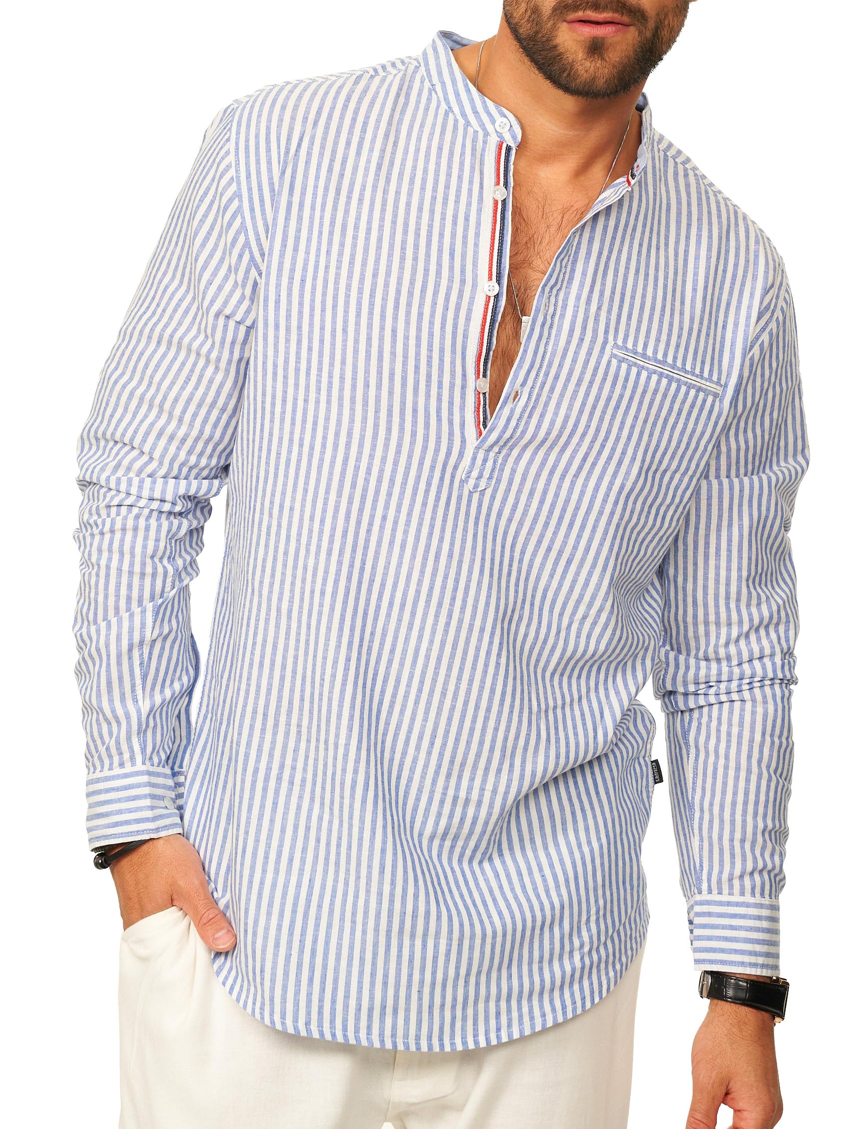 behype. Herren Leinenhemd als Langarmhemd Gestreift - Freizeithemd im Regular-Fit mit Henley Stehkragen Sommerhemd - Strandhemd im Sommer-Look für Männer
