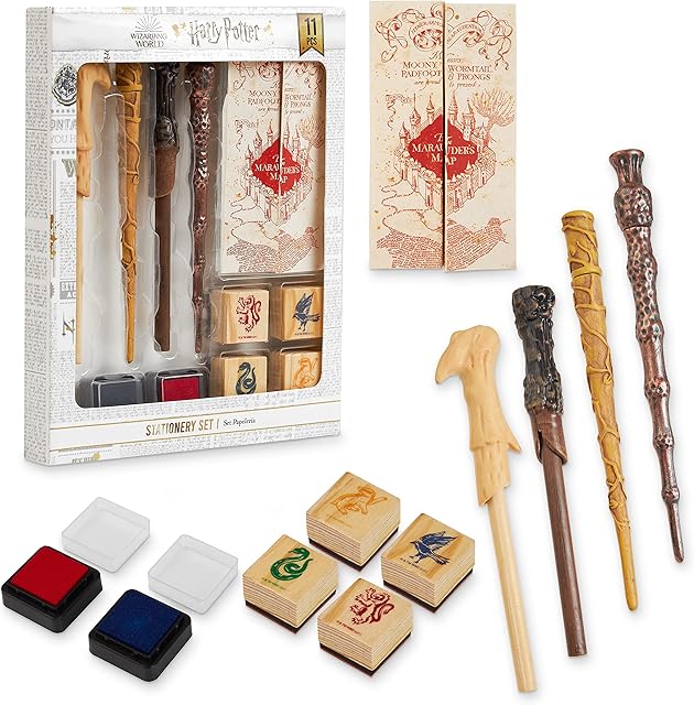Harry Potter Gifts Wand Pen Set of 4 Stationery Supplies with Marauders Map Hogwarts House Stamp Kit and Ink Set
