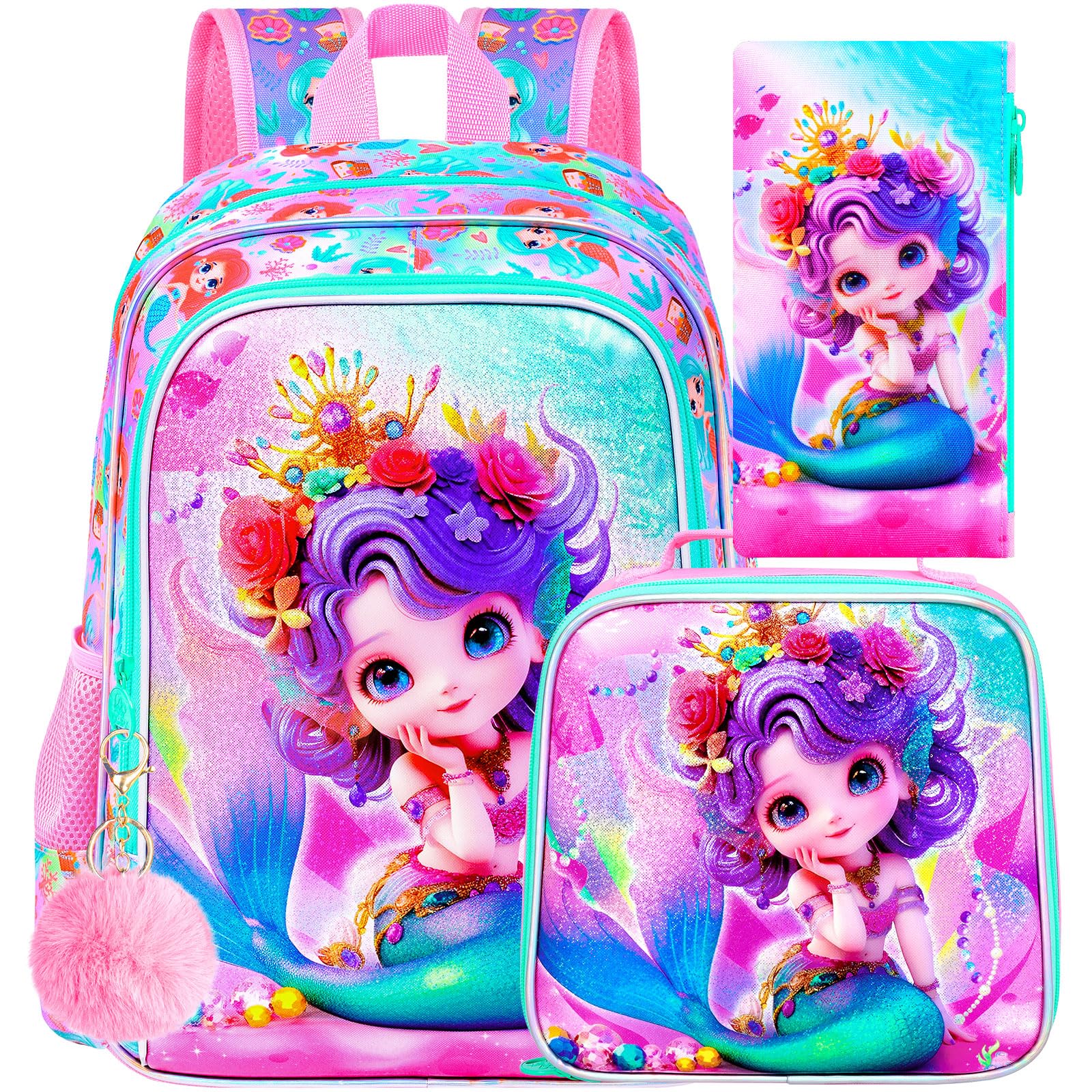 ZLYERT 16" Mermaid Backpack for Girls, 3Pcs Kids School Backpacks with Lunch Box, Bookbag for Elementary Preschool Kindergarten(Pink)