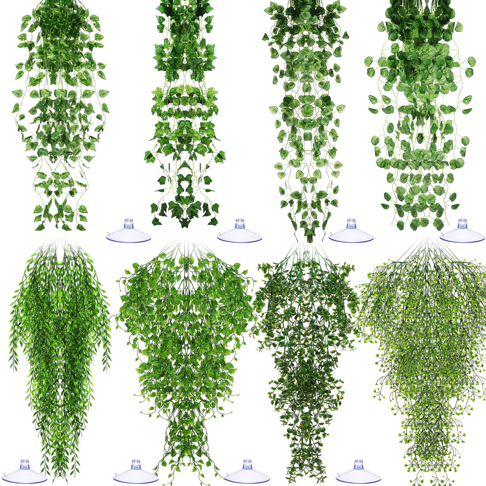 Suncalla 8 Pack Reptile Plants Terrarium Hanging Plant Vine Boston Climbing Terrarium Plant with Suction Cup for Bearded Dragons Lizard Crested Gecko Snake Crab Tank(Petite Leaf Series,Multiple Green)