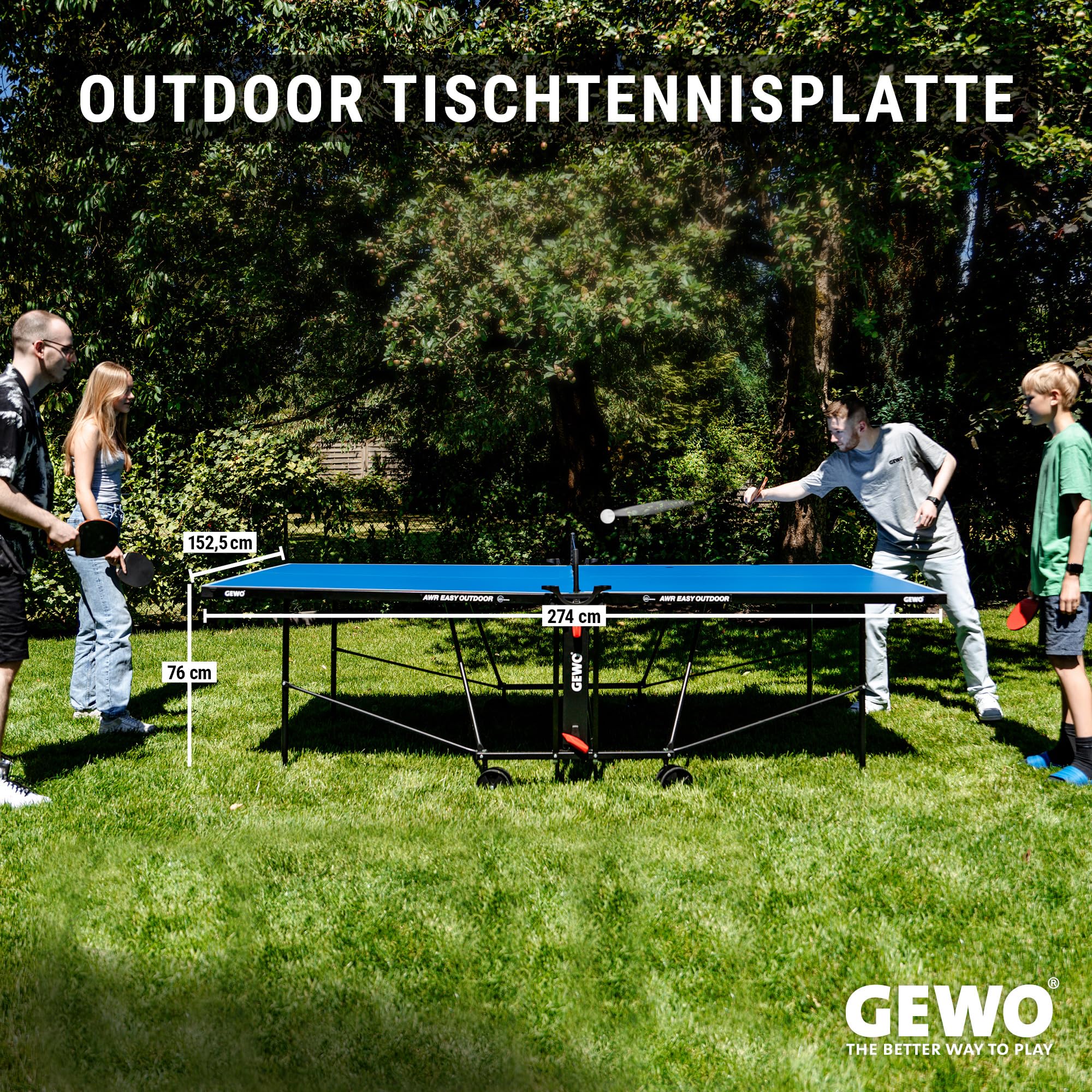 GEWO AWR Tischtennisplatte Outdoor – Wetterfest & klappbar – Melaminharz – ITTF Turniergröße – Mit Netz, Schläger & Bällen – Tischtennistisch - Made in Germany