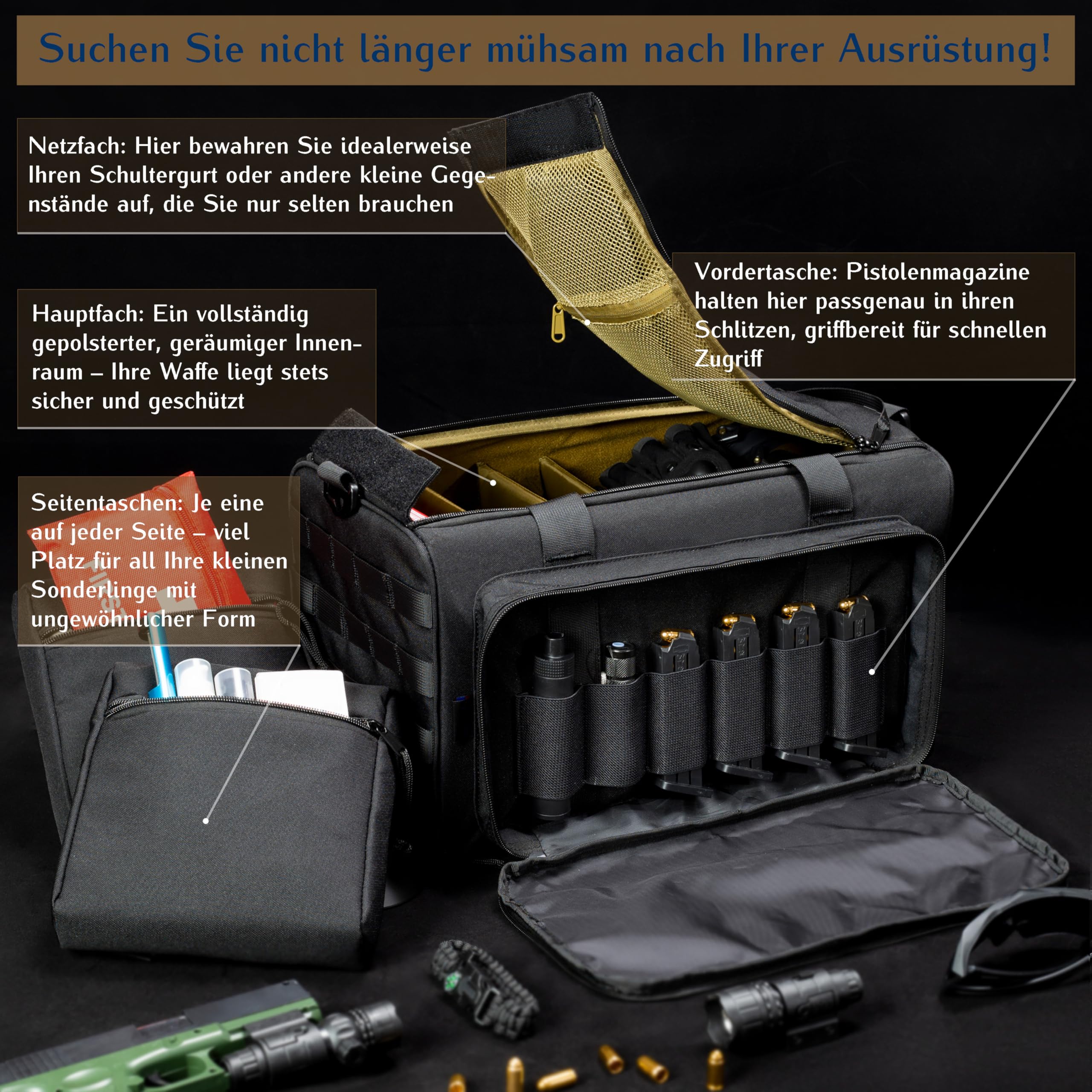 Waffentasche für Kurzwaffen Munition Taktisch für Pistolen Abschließbare Reißverschlüsse Range Bag Molle-System und Zubehör Sporttasche für Schießstand und Jagd