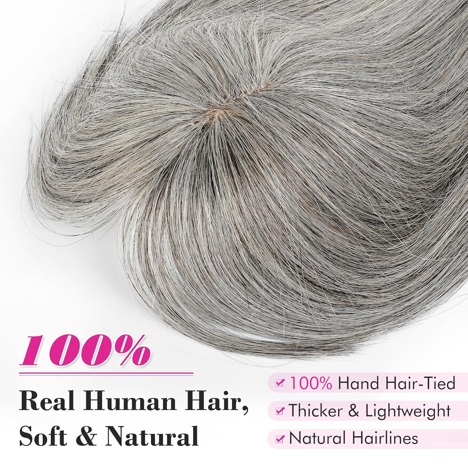 REECHO Real Human Hair Toppers for Women, 10 inch with Bangs, for Thinning Hair, Grey