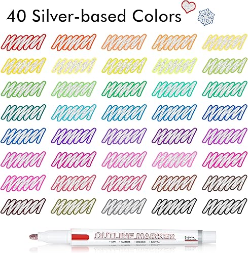 Vista 2 de Shuttle Art Double Line Outline Permanent Markers, 40 Colors Squiggles Shimmer Markers Set, Self Outline Metallic Marker Pens for Art, Drawing, 40