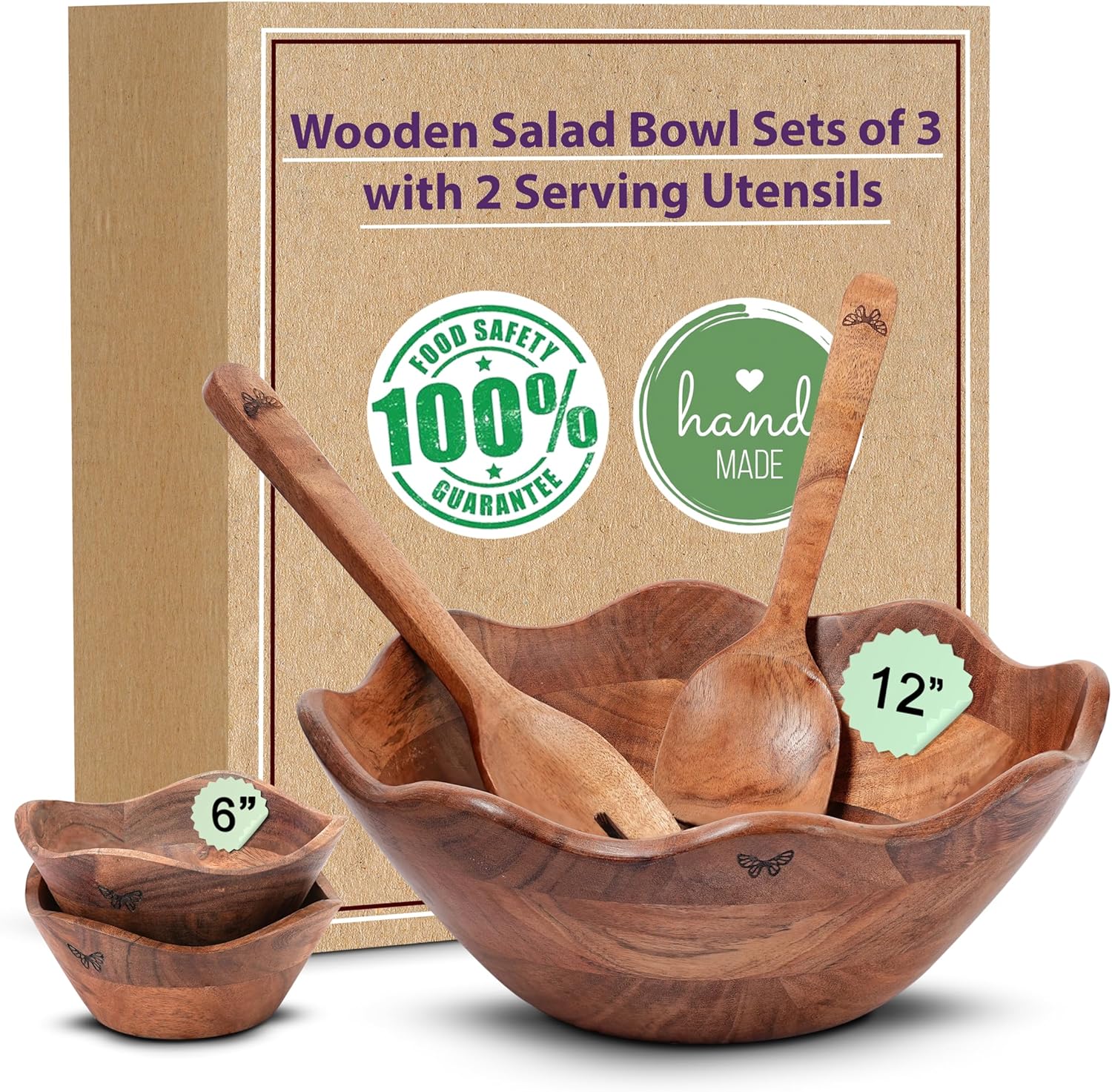 Melvvi Large Wooden Salad Bowl Set with 2 Serving Utensils and 2 Small Bowls | 12″ and 6″ Acacia Wood Bowls for Food | Great Gift for Kitchen & Dining (Natural Set of 5)