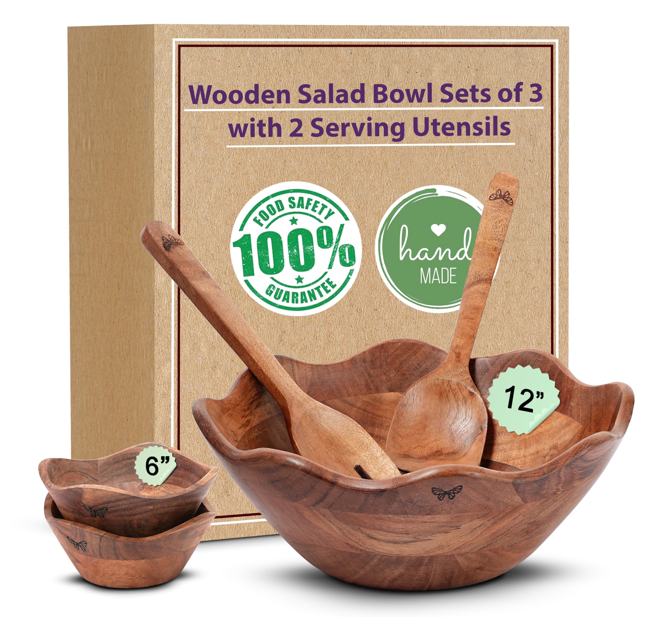Melvvi Large Wooden Salad Bowl Set with 2 Small Bowls and 2 Serving Utensils | 12" & 6" Acacia Wood Bowls for Food | Gift for Fathers (Brown)