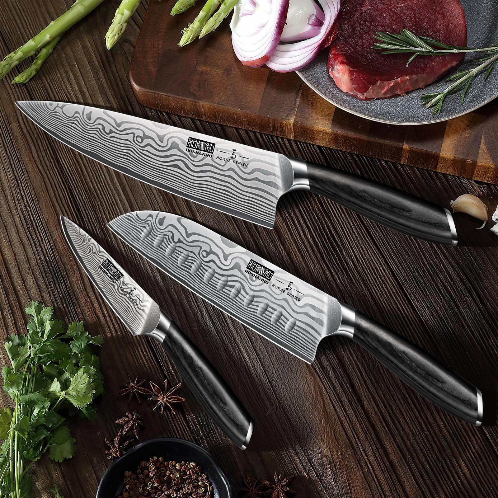 HOSHANHO Juego de Cuchillos de Cocina de 3 Piezas, Acero de Alto Carbono en Polvo, Chef Ultra Afilados con Caja de Regalo