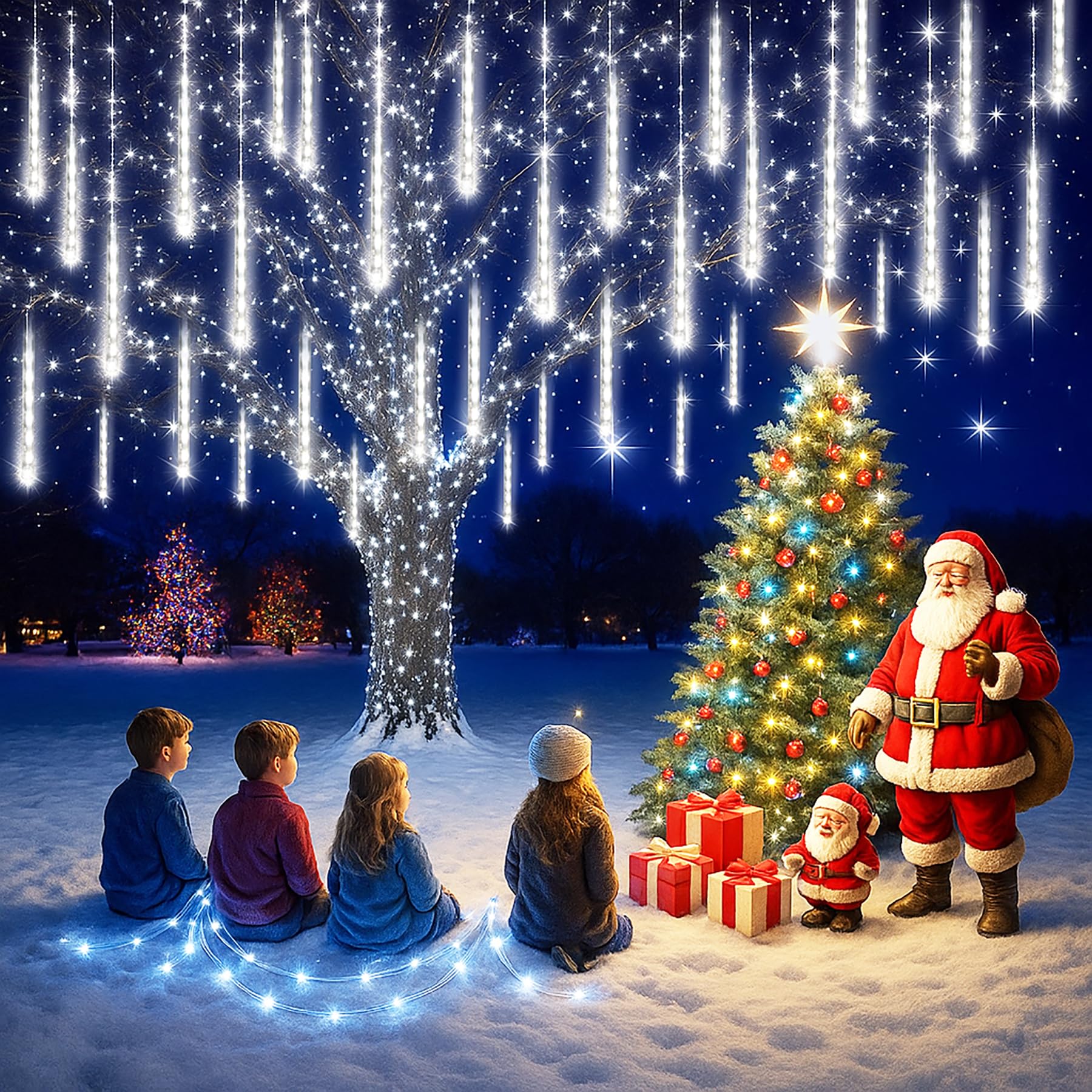 Harnyles Weihnachtsbeleuchtung Außen Innen: 8 Röhren Meteorschauer Lichterkette - Wasserdichte 192 Led Lichterkette für Weihnachten Halloween Baum Hof Zimmer Party Balkon deko, Stecker in, Weiß