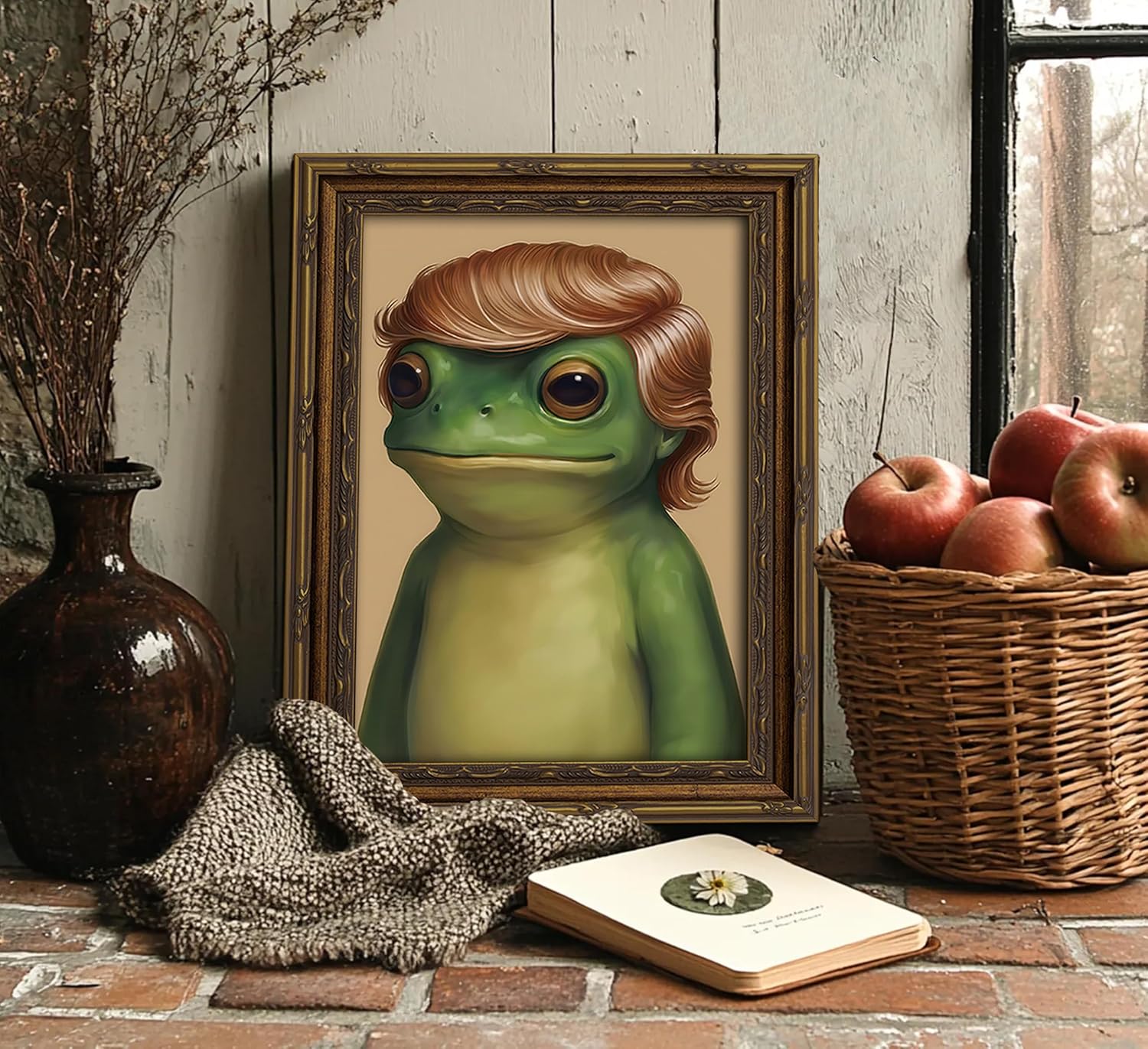 Funny Frog Wall Art Vintage Gold Frame Froge Wall Decor Interesting Animal Pictures Painting Cute Quirky Animal Hairstyle Poster Prints Artwork for Bathroom Living Room Bar Bedroom Home Decoretion image 3