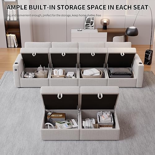 Miniatura 7 de Sofá modular modular con almacenamiento, sofá modular en forma de U con tumbona y otomanas, sofá convertible de 6 asientos para sala de estar con