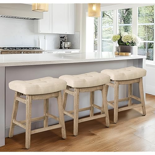Counter Height Bar Stools Set of 3 for Kitchen Counter Farmhouse Modern Barstools with Upholstered Fabric Backless Seat and Solid Wood Legs 24 inch Bar Chairs, Khaki + Wood Color