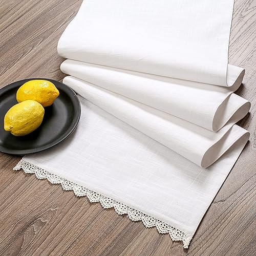 Miniatura 3 de Fingercraft Camino de mesa de lino de algodón con decoración clásica de mesa de encaje blanco para otoño, Acción de Gracias, Navidad, vacaciones,