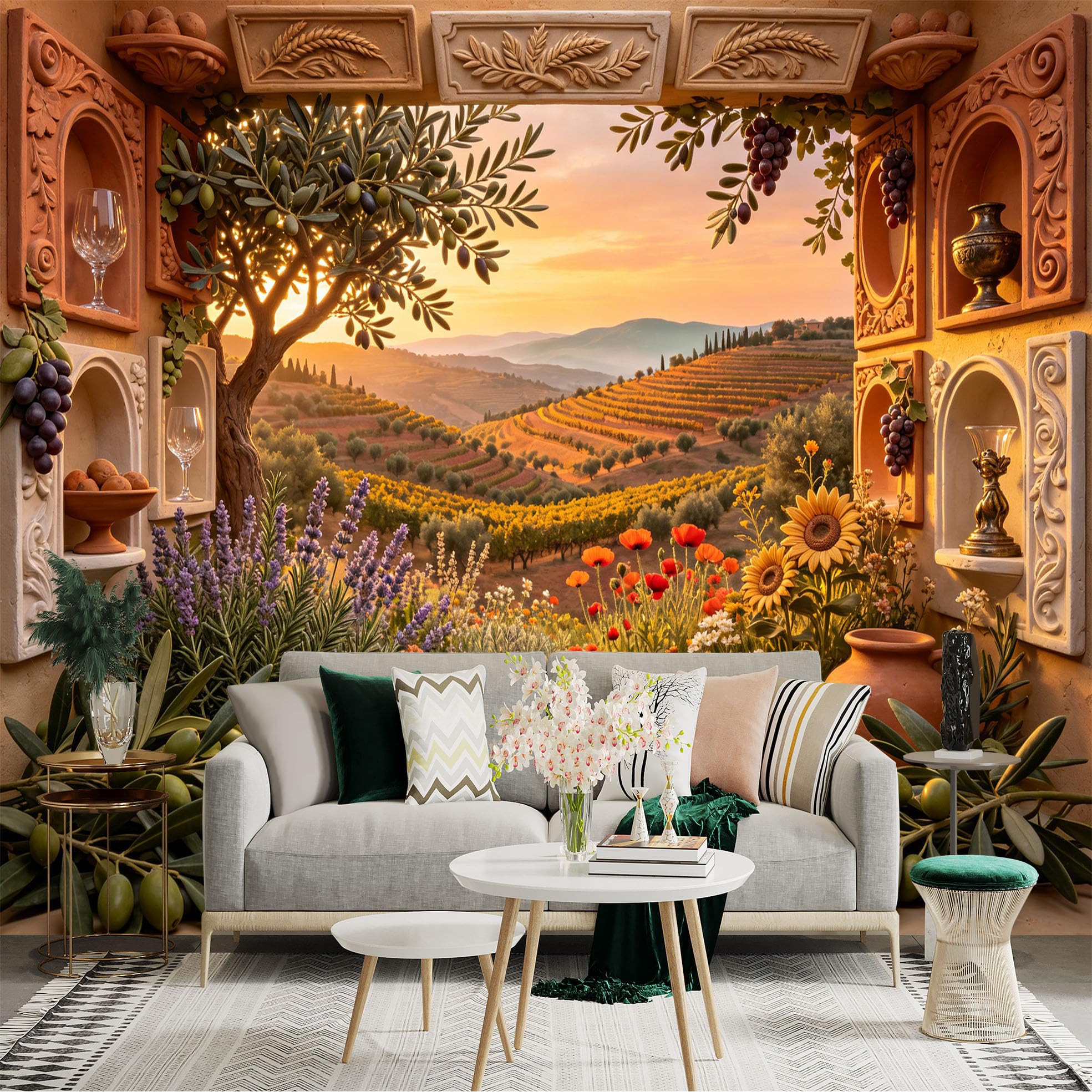 Lnzczhyre Bh260719436 Custom Size Wall Sticker Mural， Mediterranean Vineyard View， Sunlit Olive Tree， Rustic Farmhouse Decor， Summer Floral Harvest， For Wall Decoration， Peelandstick Wall Decals.