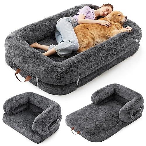 LE SURE Foldable Human Dog Bed - 3 in 1 Flexible Giant Human Dog Bed for Adult People with Supportive Bolster Egg Foam, Waterproof Liner, Calming Fluffy Faux Fur Orthopedic Big Bean Bed, Charcoal - 68.0"L x 44.0"W x 12.0"Th - Charcoal