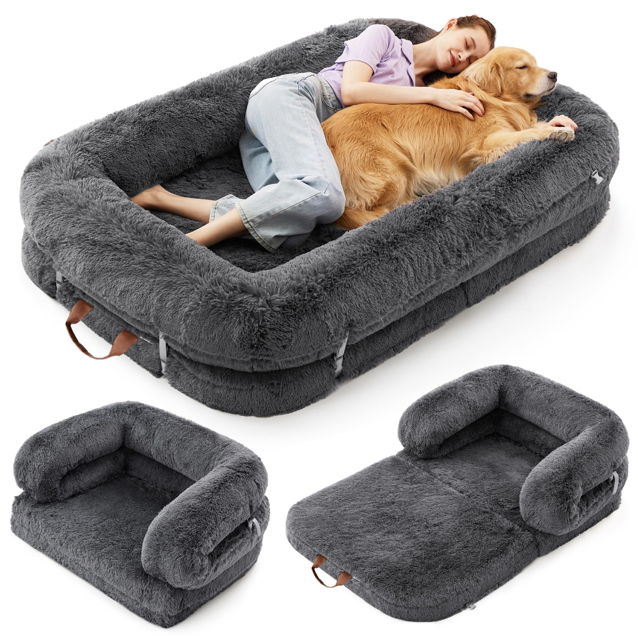 Lesure Foldable Human Dog Bed - 3 in 1 Flexible Giant Human Dog Bed for Adult People with Supportive Bolster Egg Foam, Waterproof Liner, Calming Fluffy Faux Fur Orthopedic Big Bean Bed, Dark Grey