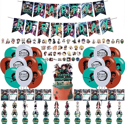 112 piezas de decoraciones de fiesta de Demon Slayer, suministros de fiesta de cumpleaños con temática de Demon Slayer, recuerdos con pancarta de disponible en Yaxa Colombia