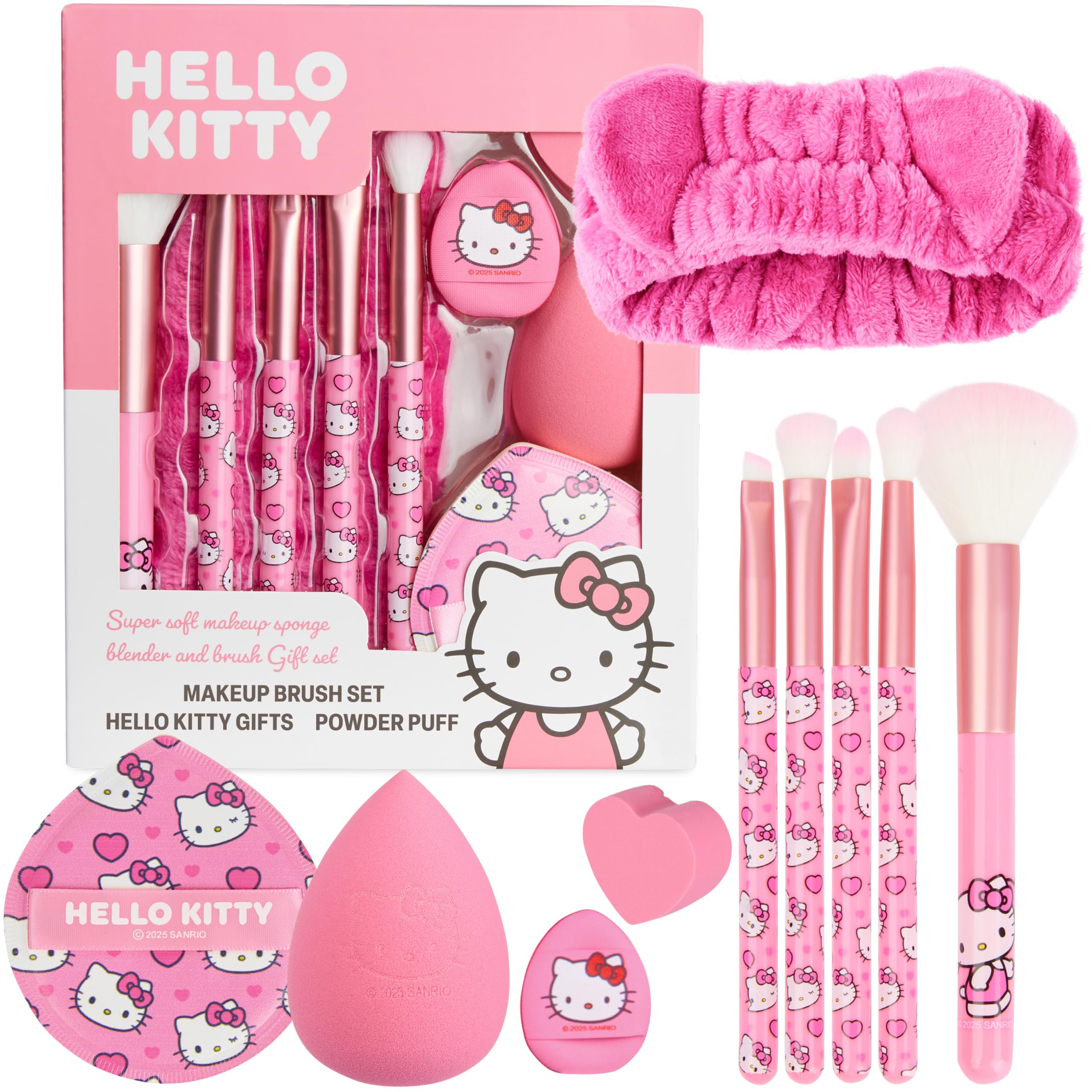 Get Trend Hello Kitty Sanrio Makeup Brushes & Beauty Tools Set, 10 Pcs with Powder Puff Fluffy Headband Beauty Sponge Eyeshadow Brushes, Gifts for Her (Pink Hello Kitty)
