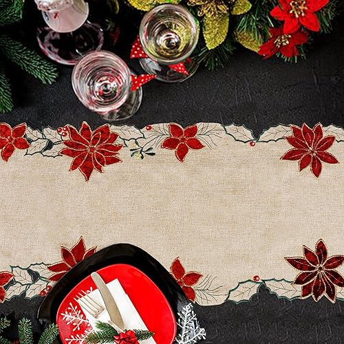 Miniatura 6 de OWENIE Camino de mesa de Navidad de 90 pulgadas de largo, camino de mesa bordado de flor de pascua roja para decoraciones de Navidad, tela
