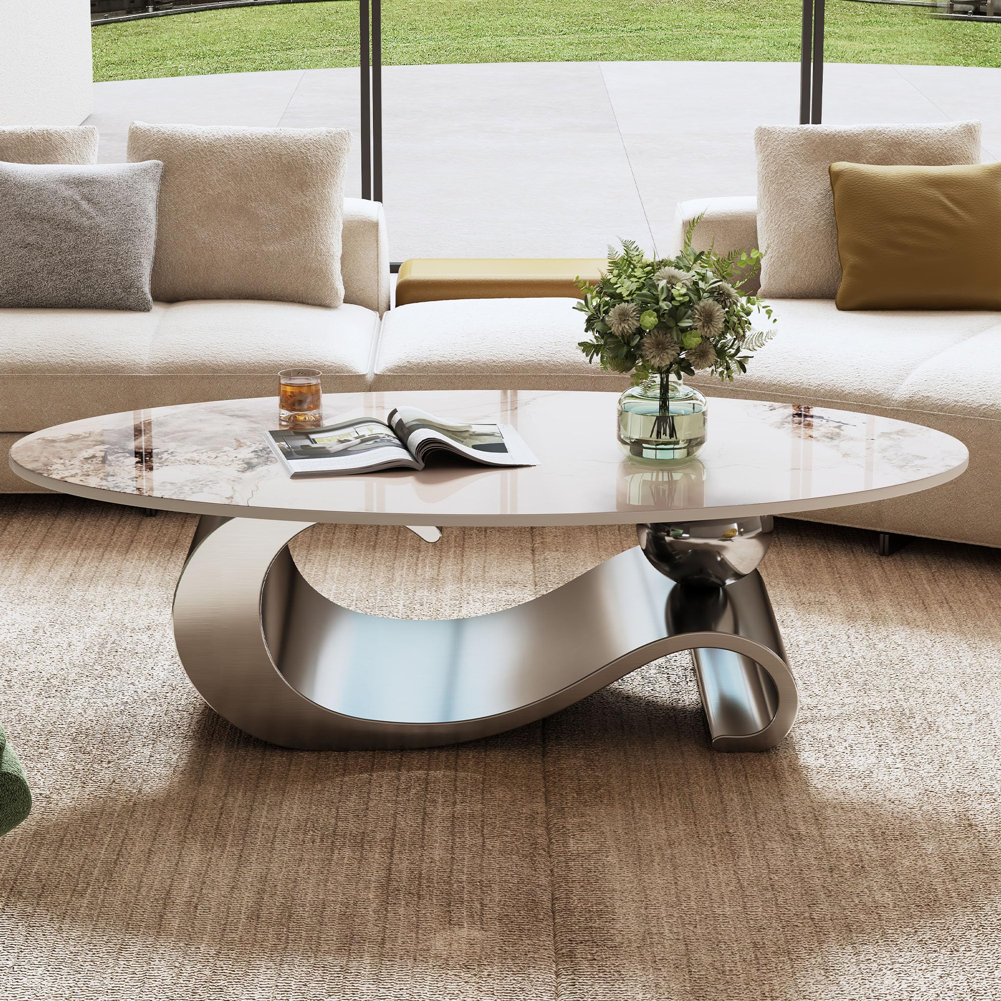 Modern Coffee Table with Gold Stainless Steel Pedestal,Oval