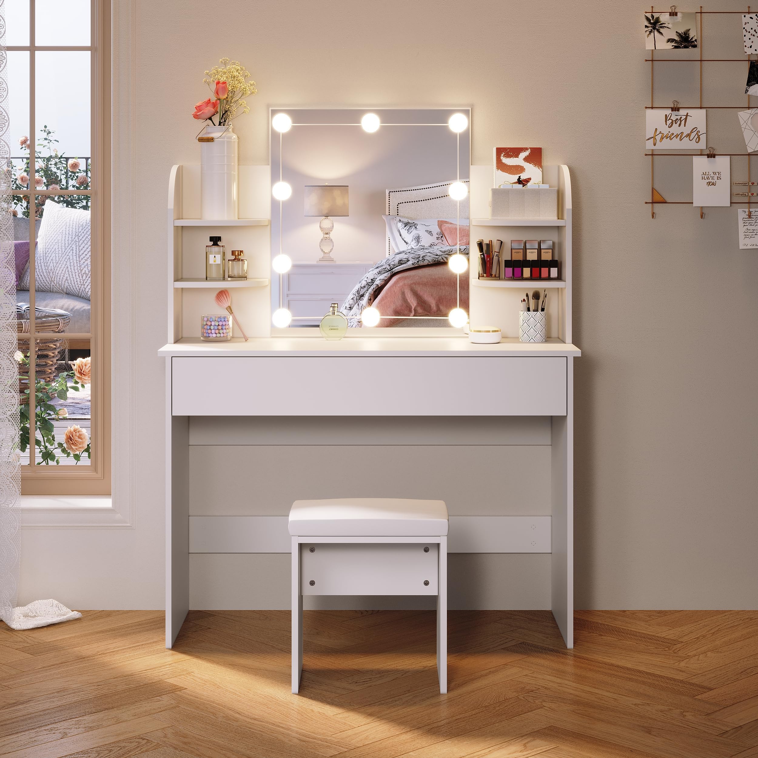 SONNI Mesa Maquillaje con Luz con Espejo y Taburete, Tocador Maquillaje con Luz, Tocador Blanco con 4 Estantes,108x40x140cm