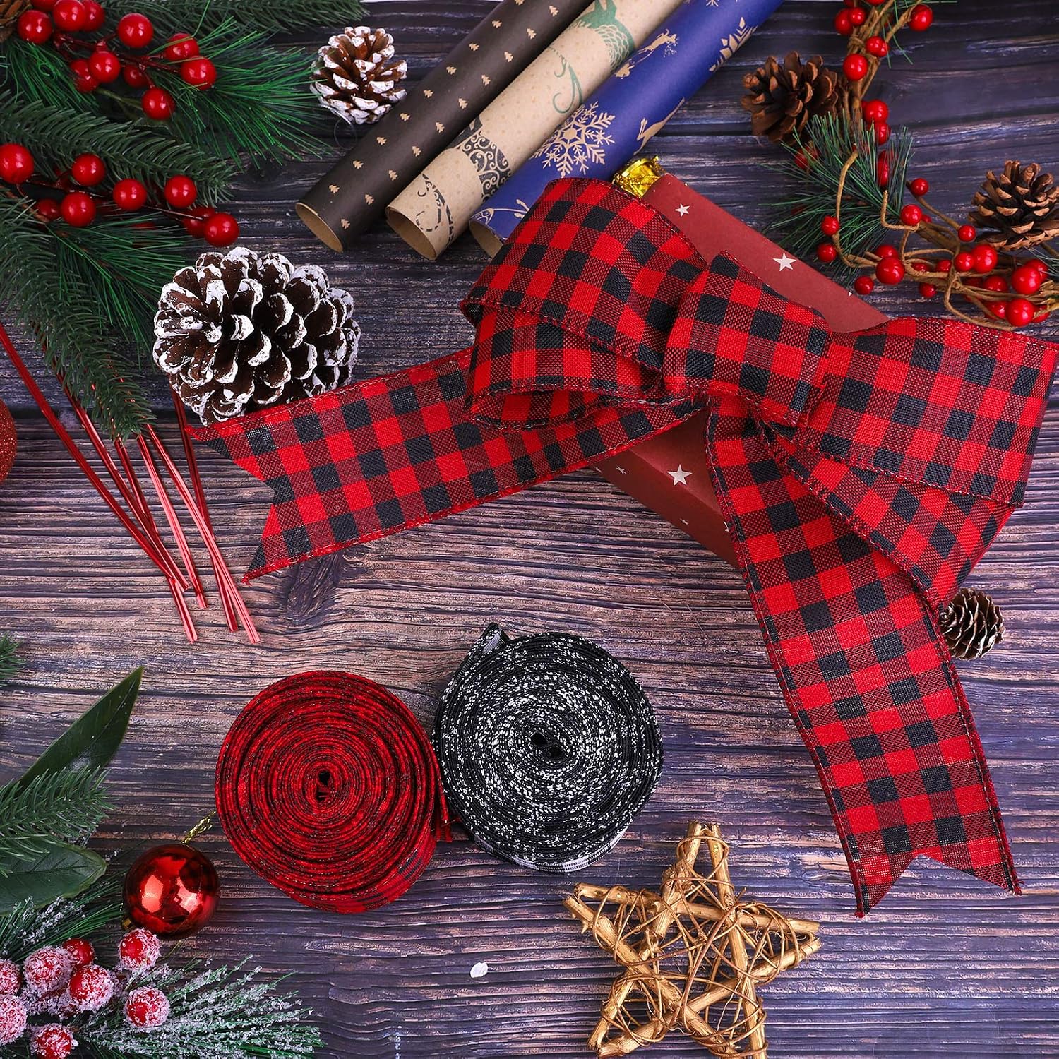 URATOT 2 Rolls Christmas Plaid Wired Edge Red and Black, Black and White Ribbons Gingham Burlap Wrapping Ribbon with Twist Ties for Craft Supplies Xmas Floral Bows Party Decor, 17.5 Yard x 2.5 Inch