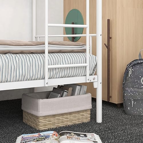 Miniatura 14 de Litera de metal de acero resistente de tamaño individual sobre individual, con escalera plana y barandilla de longitud completa para niños,