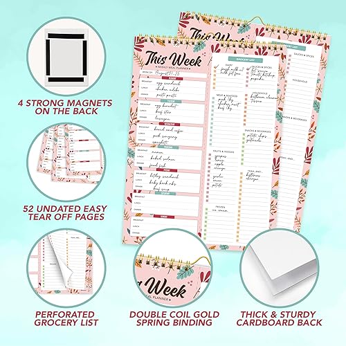 Miniatura 4 de Agenda semanal de comidas y lista de comestibles, 52 hojas fáciles de quitar, planificador de comidas para refrigerador, bloc de notas de