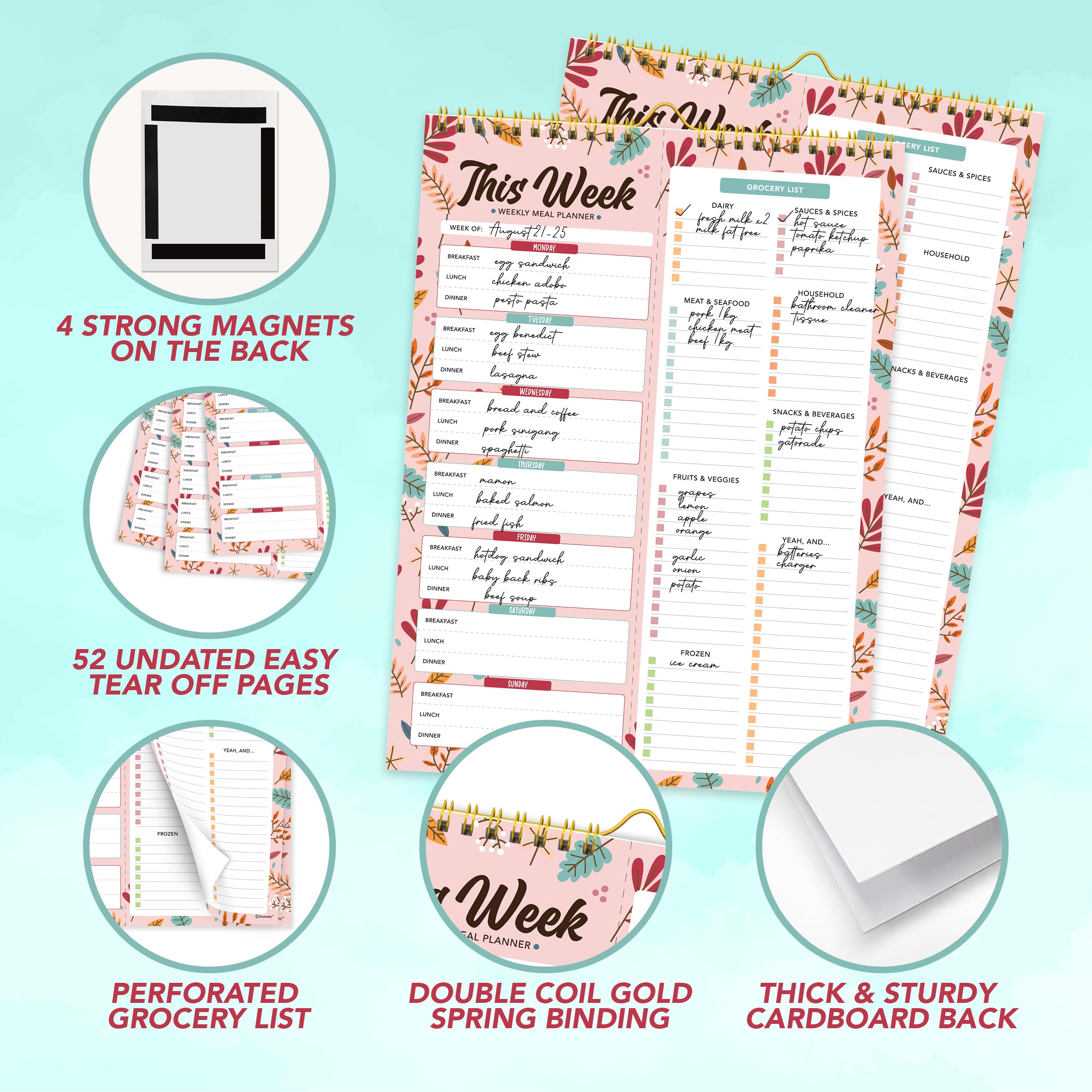 Snapklik.com : Decorably 52 Sheets Floral Pink Undated Weekly Meal Planner