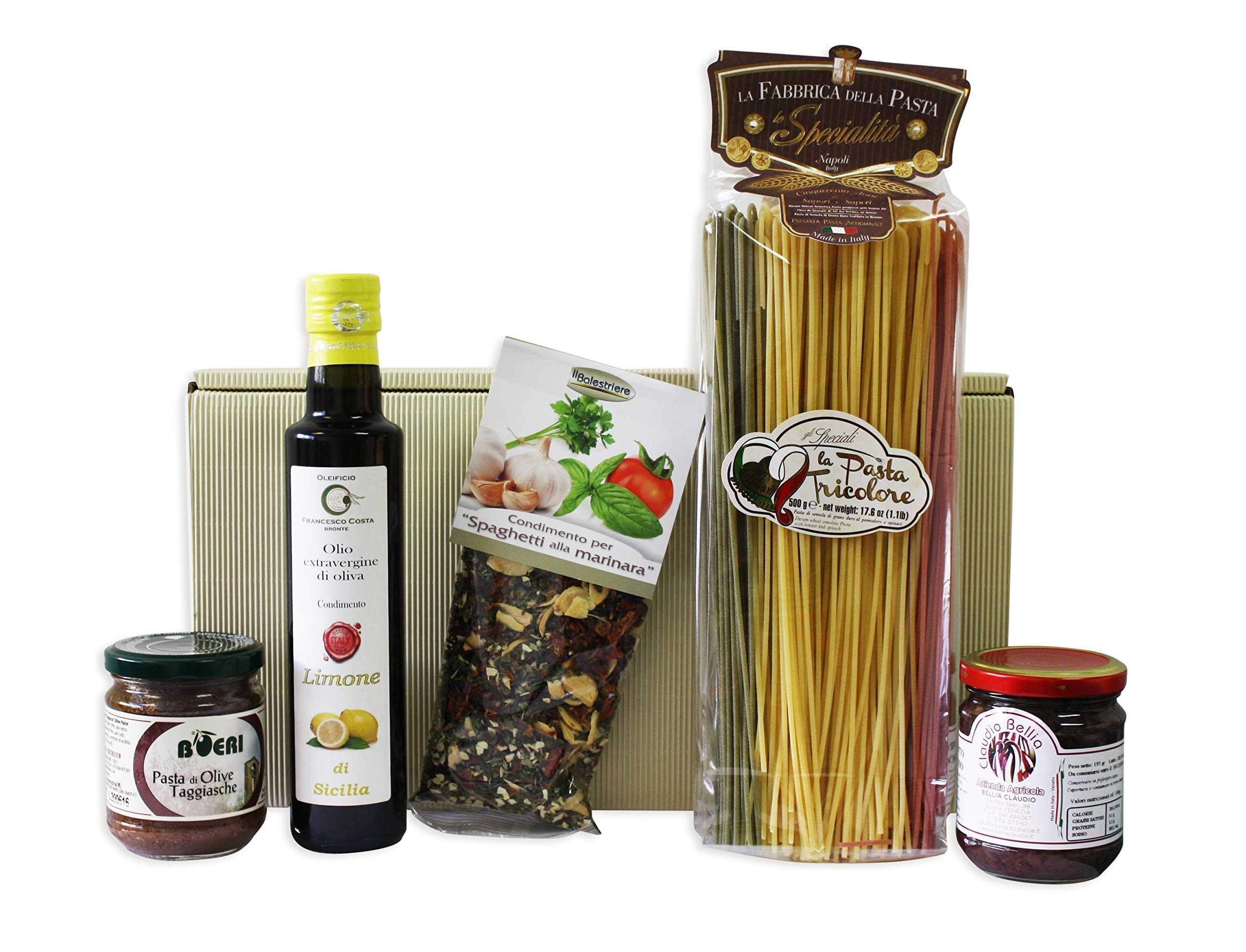 Geschenkkorb TRICOLORE mit ausgesuchten italienischen Feinkost Spezialitäten Zitronen Olivenöl extra vergine, Olivenpaste, Spaghetti