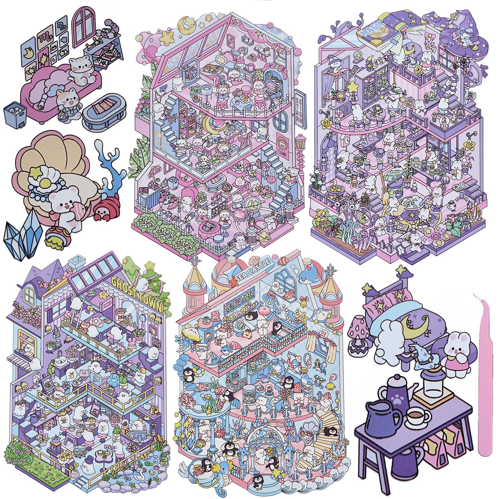 4 Sets DIY 3D House Sticker Big Scene of Stickers for Girls Make Your Own Mini Shop Scenes Stickers Cute Cartoon Animal Sticker for Adult Relief Stress Pass The Time (Big-1)