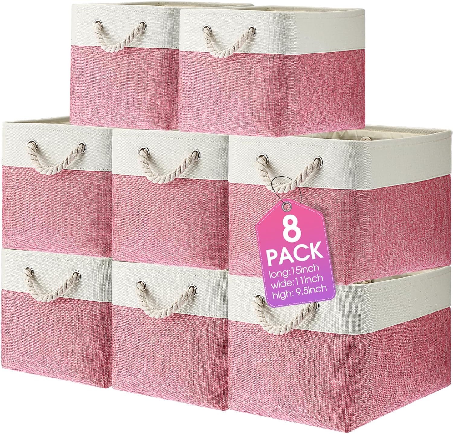 meekoo 8 Pack Collapsible Storage Bins Fabric Storage Bins Polyester Fabric Baskets with Handles Linen Closet Organizer for Shelf Home Closet Towels Toys(15 x 11 x 9.5 in,Pink White)