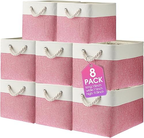 Vista 68 de meekoo Paquete de 8 contenedores plegables de almacenamiento de tela, cestas de tela de poliéster con asas, organizador de armario de lino para Gris