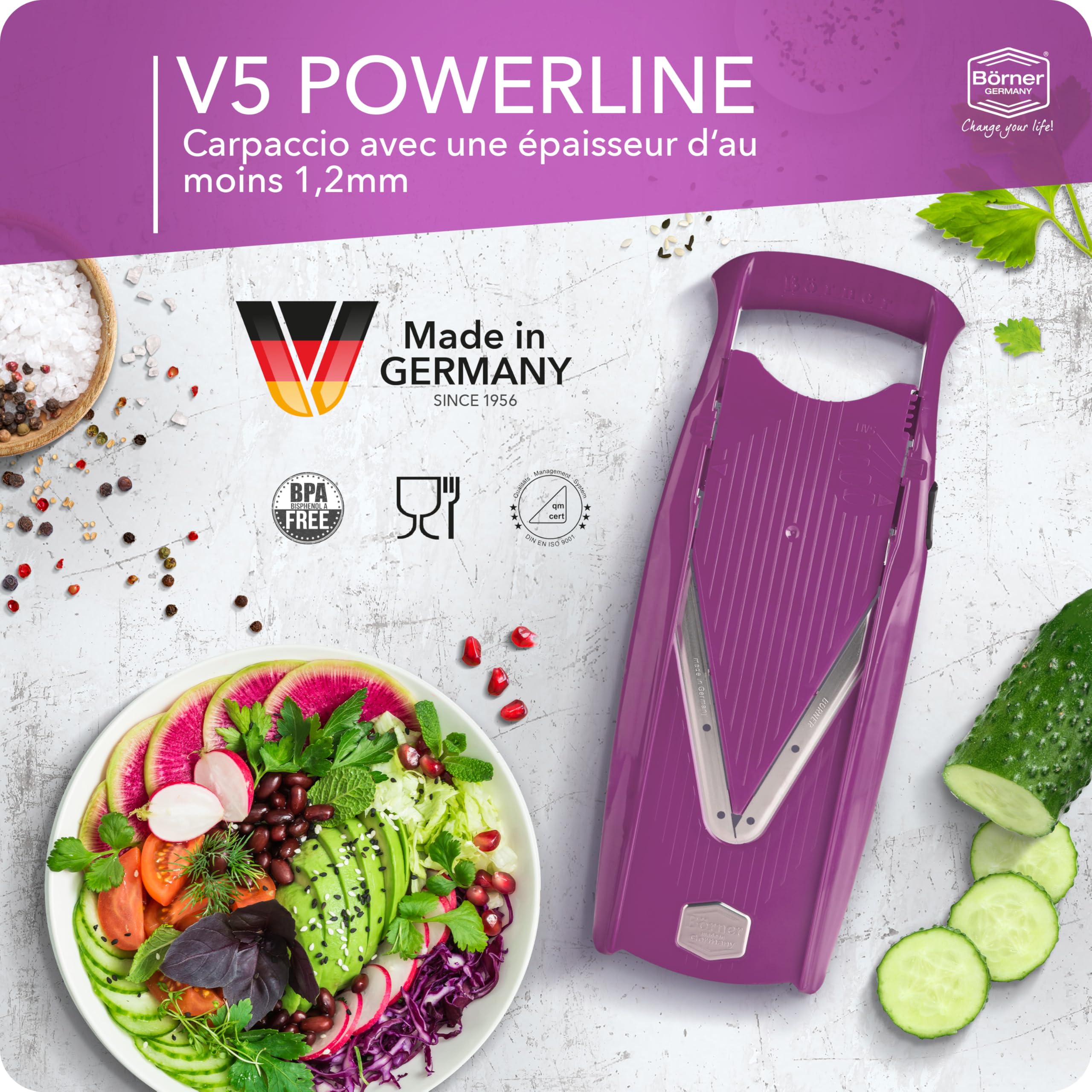 Coupe-Légumes Börner V5 (Set de Base) • Mandoline en V pour tranches de 4 épaisseurs • Trancheuse avec lame en acier inoxydable • Mandoline réglable pour fruits & légumes • Violet