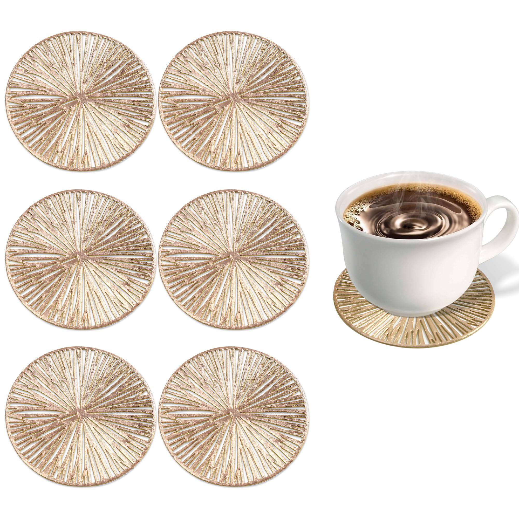 Stylish Coasters Set of 6 – Gold Round PVC Drink Coaster, Reusable Cup Coaster for Cold Drinks and Hot Beverages, Non-Slip Outdoor Coasters for Garden Tables and Patio Use, Beer Mats for Home Bar 6pcs