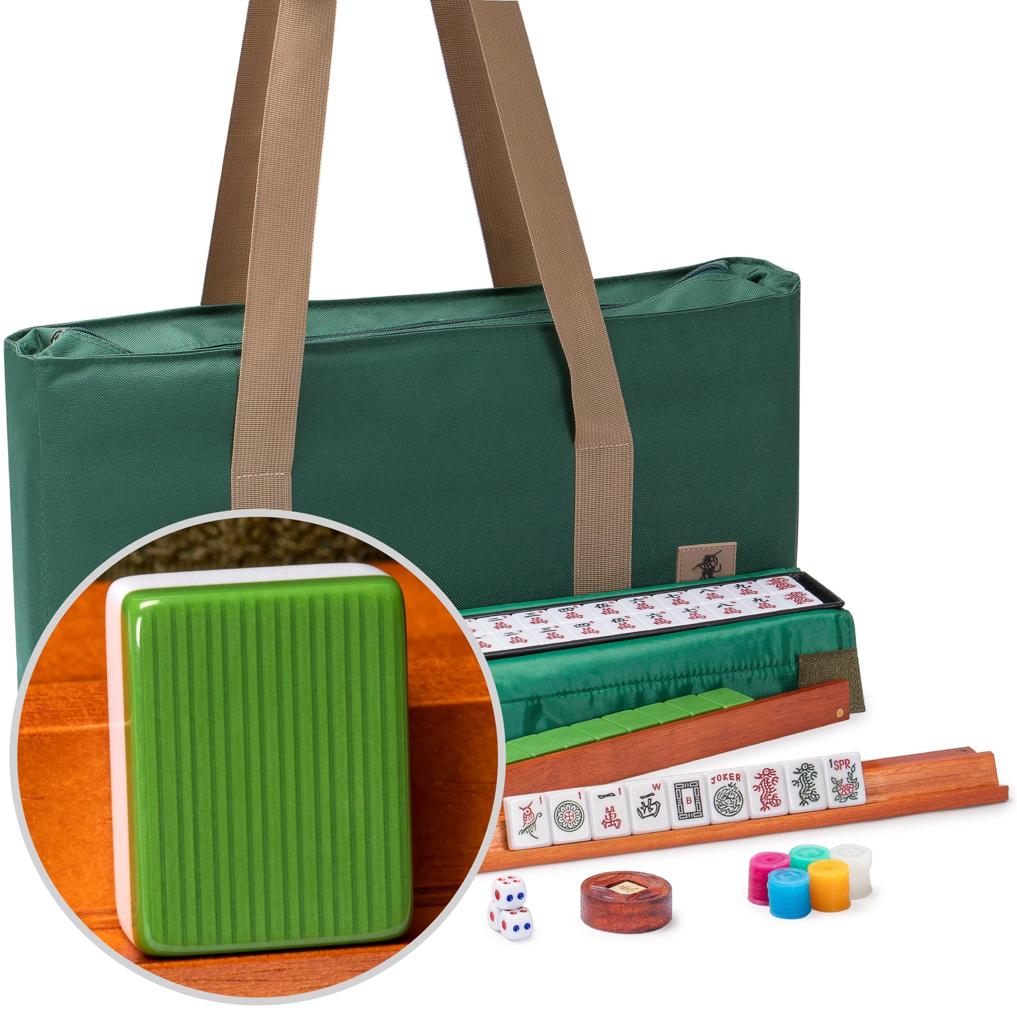 Yellow Mountain Imports American Mahjong Set Huntington with Olive Green Fabric Tote - 4 All-in-One Racks with Pushers, Dice, & Wright Patterson Scoring Coins