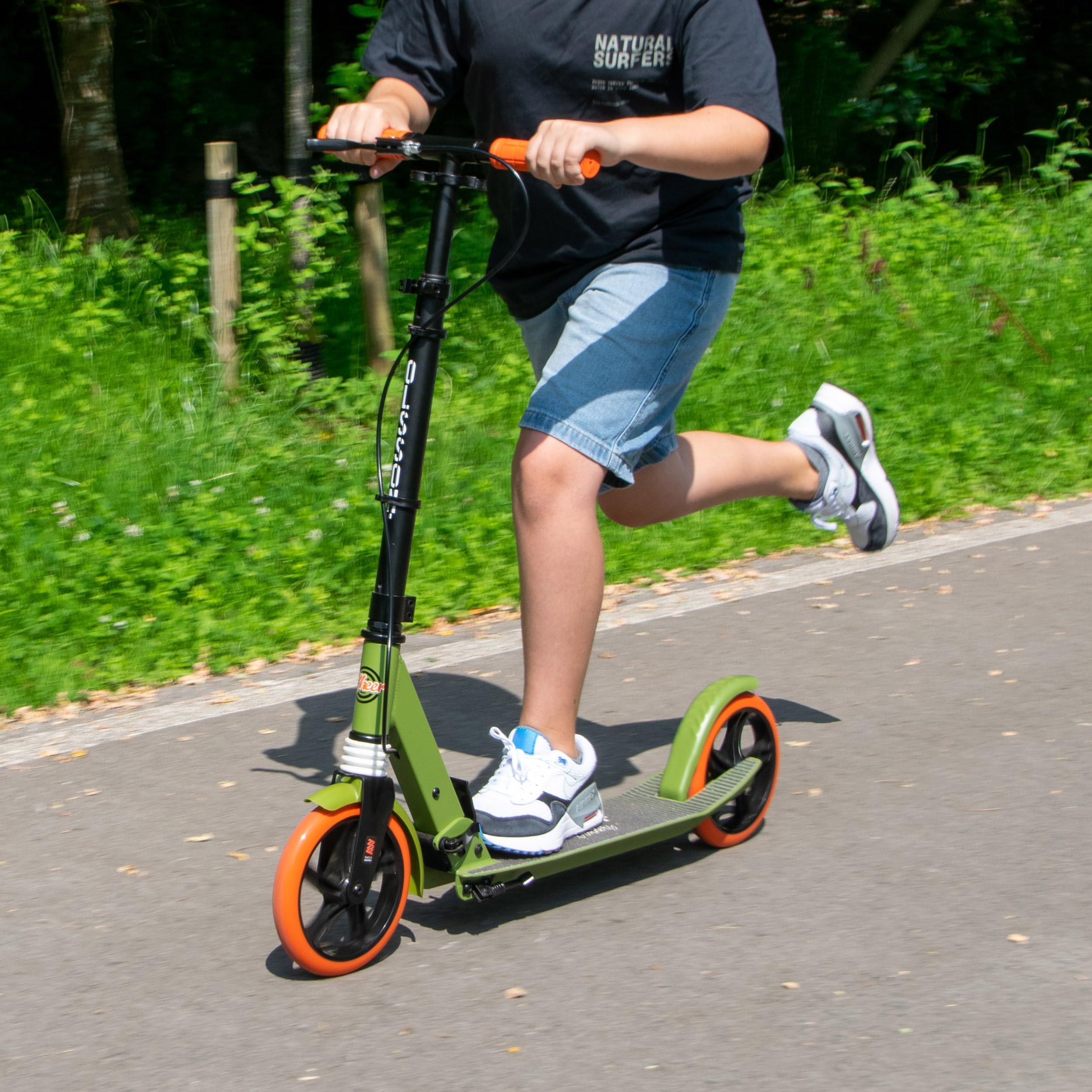 OLSSON Patinete Scooter Cheer -Rodamientos ABEC 9, Manillar con Altura Regulable (90-104CM), Plegable, puños de Silicona TPR BMX, suspensión Delantera, posapié, Ruedas de 200MM PU,homologado