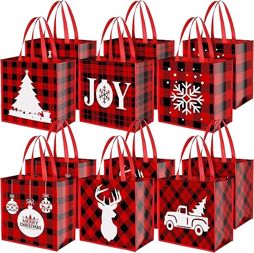 Aneco 12 bolsas grandes de recuerdo de fiesta de Navidad, reutilizables, bolsas de Navidad no tejidas a cuadros rojos y negros con asas, bolsas de